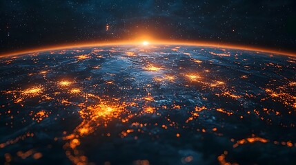 Wall Mural - Planet Earth from space at night lit by a network of glowing cities and a radiant sunrise on the horizon symbolizing global civilization and