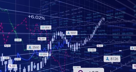 Wall Mural - White candlestick chart trending upward in data dashboard, with blue or red lines +6