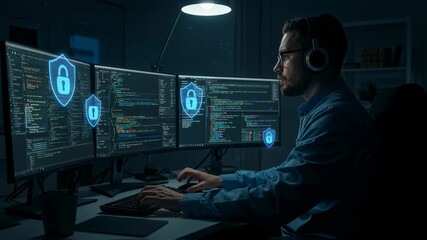 Male programmer coding on multiple screens with security shield overlay, demonstrating advanced cybersecurity development footage.