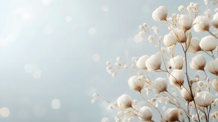Wall Mural - delicate, fluffy white flowers with light beige branches, against a soft, pastel blue background, cr
