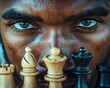 © Thares2020 - Close up of intense eyes focused on chess strategy with game pieces in the foreground