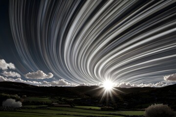 Wall Mural - a breathtaking landscape view with a dramatic swirling celestial effect overhead, showcasing the sun