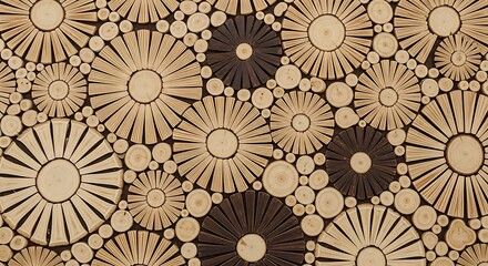 Wooden circles create an abstract pattern