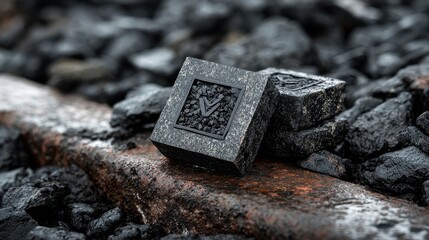 Close up of dark, square objects with intricate detailing resting on a rusty metal surface amidst coal. 