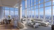 © Sawat - Modern luxury apartment interior with expansive city skyline views and bright natural light in a high-rise building