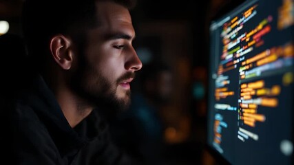 Night Programmer: A focused individual immerses himself in the digital realm, illuminated by the soft glow of a computer screen displaying lines of complex code.