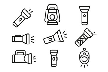 Flashlight thin line icon set. Camping lantern, headlamp, and torch vector symbols. Outline graphic elements for hiking, travel, and emergency equipment. For web and app design.