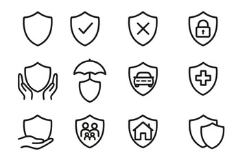 shield and insurance line icon bundle, outline security signs, protection symbols for graphic design