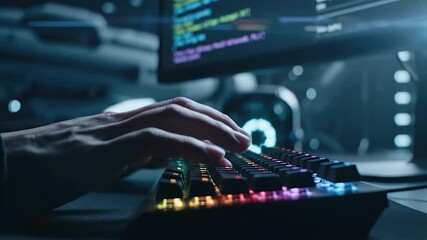 Digital Weaver at Work: A close-up shot capturing a person's hands rapidly typing on a vibrant, illuminated keyboard, with lines of code reflected on the monitor.