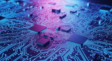 close up of an electronic circuit board with glowing light trails and microchips. modern technology 