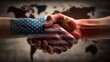 © Generative AI - International Trade Agreement: Handshake with USA and China Flags, Global Business Partnership, Cooperation in Commerce