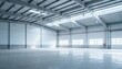 © Generative AI - Spacious industrial warehouse interior with high ceilings, concrete floor, and natural light through windows, ready for storage
