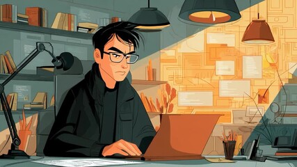 Cartoon programmer works on computer in an office environment
