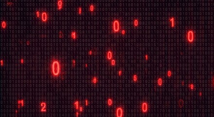 Dynamic digital data stream with glowing red binary code and numbers, representing technology and information flow