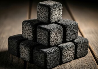 Dark gray, square, porous stones stacked in a pyramid shape on a wooden surface.