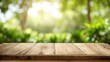 © Generative AI - Wooden Tabletop with Blurred Green Foliage Background, Ideal for Product Display and Mockups in Nature Setting