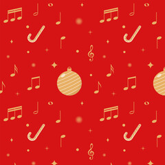 Wall Mural - Christmas ornament seamless pattern.Merry Xmas repeat pattern with Christmas balls, candy canes and music notes.Luxury winter, new year pattern in gold isolated on red background.