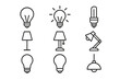 © Tina - Light bulb lamp outline icon set. Vector collection of various light fixtures. Symbol of idea, solution, innovation, energy, and electricity. Editable stroke for web design.