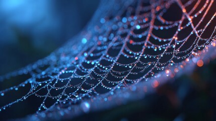 Mystical dewdrop web: a close-up shot captures the delicate beauty of a glistening spiderweb adorned with droplets, the intricate structure illuminated by the soft glow