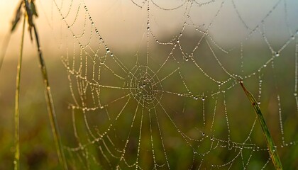 Dew-Kissed Web - A Spiders Masterpiece in the Morning Light.