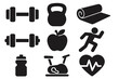 © Jane - Fitness icon set for gym workout. Health and sport concept. Dumbbell, kettlebell, yoga mat, exercise bike, running man, apple, heart rate. Vector silhouette illustration.