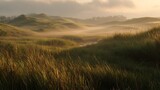 A tranquil and ethereal scene of golden morning mist settling over rolling grassy dunes and wild coastal landscape