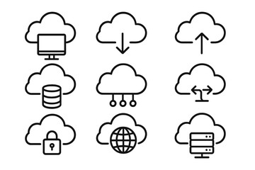 Cloud technology line icon set. Computing, storage, network vector icons. Data server, upload, download, security symbols. Online database, web hosting, global connection.