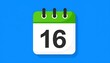 © Gendon - A simple, flat design calendar icon displays the date sixteen on a bright, vibrant blue background.