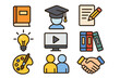 © Edda - Education and creativity vector icon set. Simple icons for learning, collaboration, and business concepts. E-learning, graduation, knowledge, teamwork, art, and idea symbols.