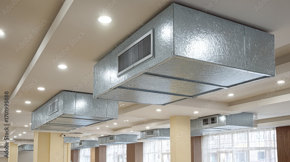 Exposed Commercial HVAC Ductwork System Installation with Diffusers and ...