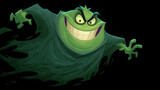 Vivid cartoon villain character with mischievous green face, sinister grin, spooky Halloween costume, animated horror monster, and playful evil expression