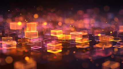 Wall Mural - Abstract Colorful Background with Glowing Cubes and Bokeh Effect