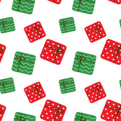 Wall Mural - Seamless pattern with colorful gift boxes in red and green isolated on white background.Repeat pattern of gift with ribbon for Christmas and happy new year.Present vector illustration wallpaper.