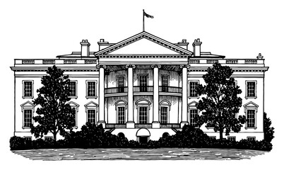 Wall Mural - the white house building only front view with trees and flag black and white outline line art drawin