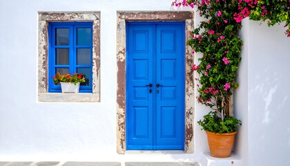  Bright Blue Door and Window on White Wall in Santorini with Greece Mediterranean.