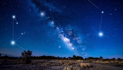 Night sky view with the Milky Way and constellations over the landscape.