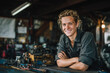 © Duckai - Mechanic woman smiling confidently inside a busy auto repair workshop, representing modern skilled trades and professional employment