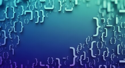 Abstract technology background with floating 3D programming code symbols like brackets and curly braces