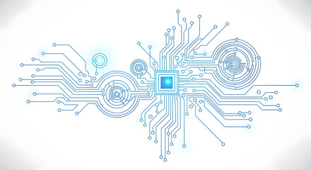 Abstract futuristic technology background with a glowing blue central processing unit on a complex circuit board vector