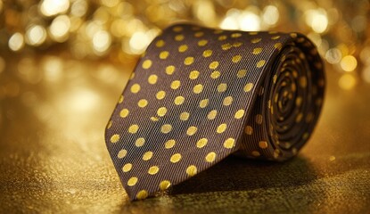 Rolled brown tie with gold polka dots, bokeh background