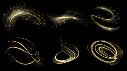 Wall Mural - Golden Glitter Particle Swirls on Black Background