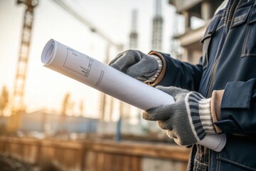 Engineer holding blueprint at construction site closeup of hands in protective gloves blurred background industrial environment