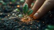© afif - Caring hand nurturing young sprout in fertile soil; glowing particles background