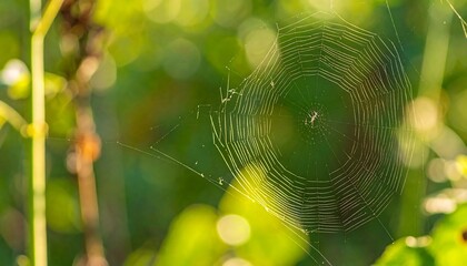 A delicate orb web glistens in dappled sunlight, framed by soft greenery, showcasing nature's intricate design