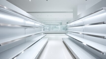  Empty Supermarket Aisle with White Shelves and Clean Design, Ideal for Retail Visualizations and Marketing Mockups