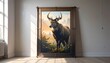 © Ojho - An artistic rendering of a stag presented within a wooden frame in a light-filled room