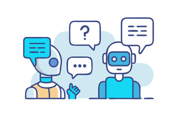 Robots communicating with speech bubbles and question marks