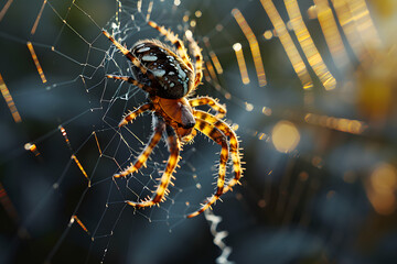 Spider weaving web with morning dew glistening in soft sunlight at dawn in a natural environment