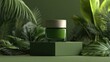 © mboku - Luxurious green cosmetic jar surrounded by lush tropical foliage on a dark green pedestal