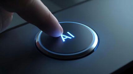 AI Activation: A finger presses a glowing button labeled AI, symbolizing the initiation of artificial intelligence, showcasing the modern digital world.